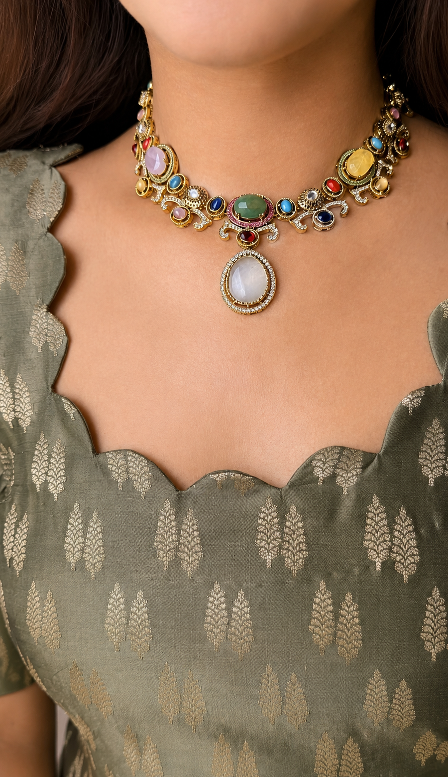 Navratan Necklace With Earrings