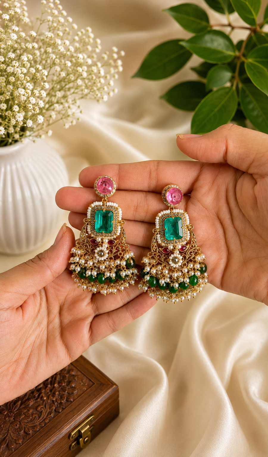 Emerald Pearl Chandbali Earrings